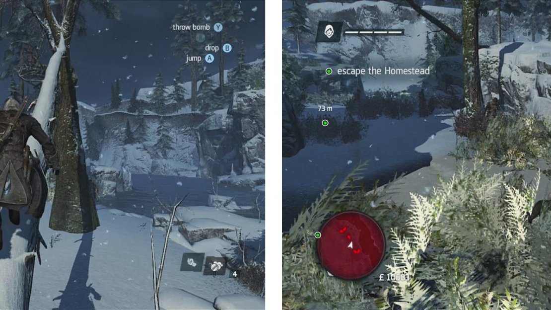 Use the treetops (left) and the bushes scattered about the place (right) to sneak through to the objective marker.