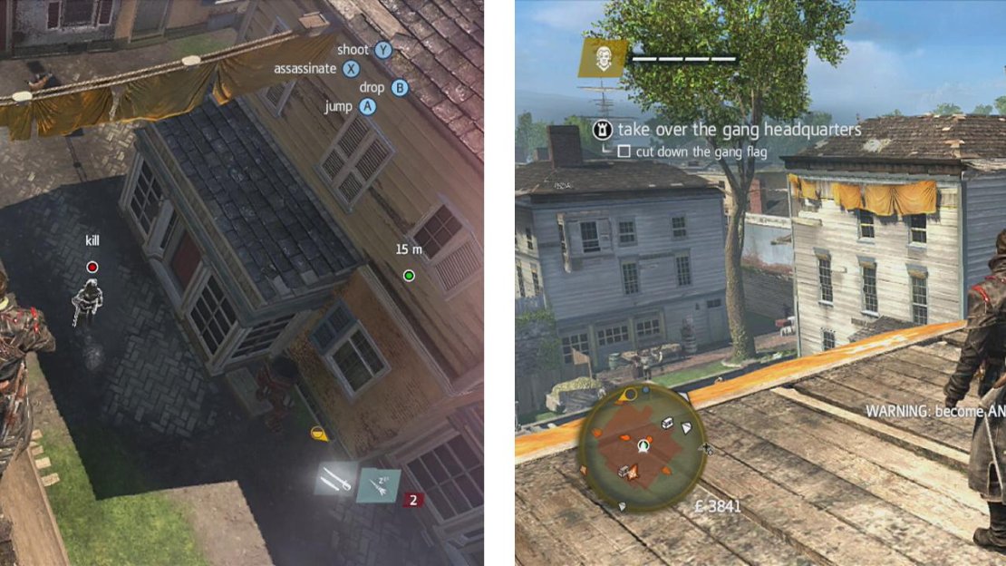 Find and kill the leader (left) and cut down the flag (right) to complete the HQ takeover.