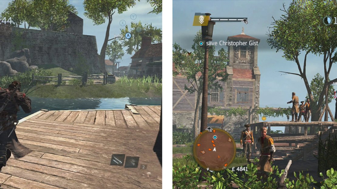 Use the rocks by the wall here to enter the fort (left). Use stalking zones to shoot the rope around the prisoner’s neck undetected (right).