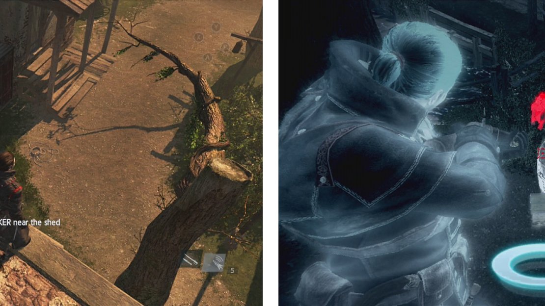 Draw the stalkers out of hiding places (left). Use Eagle vision to locate them (right).
