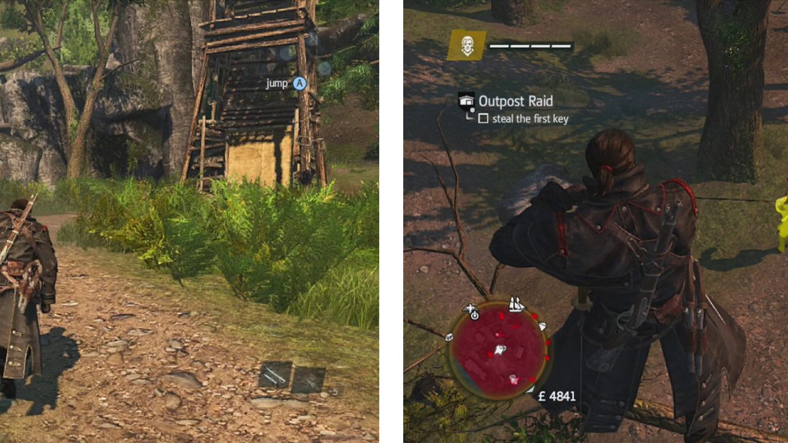 Use the fallen tree by the guard tower (left) to infiltrate the outpost. Use a rope dart from a branch to kill the key carrier (right).