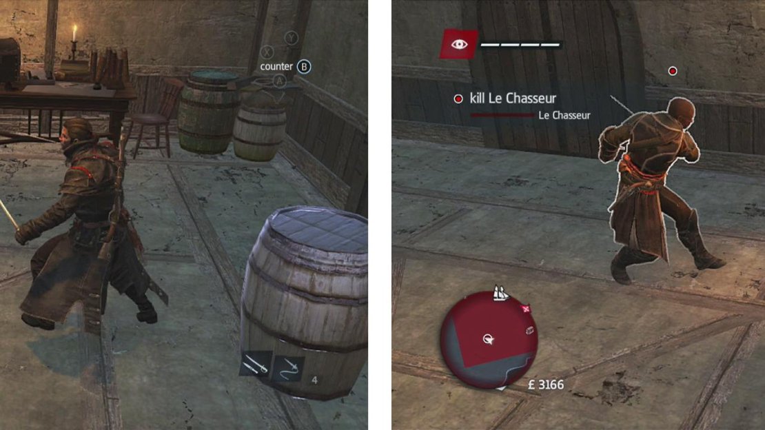 Counter the target in front of barrels in the room (left). When the ‘Hurt’ pop-up appears, hit the button prompt to damage him (right).
