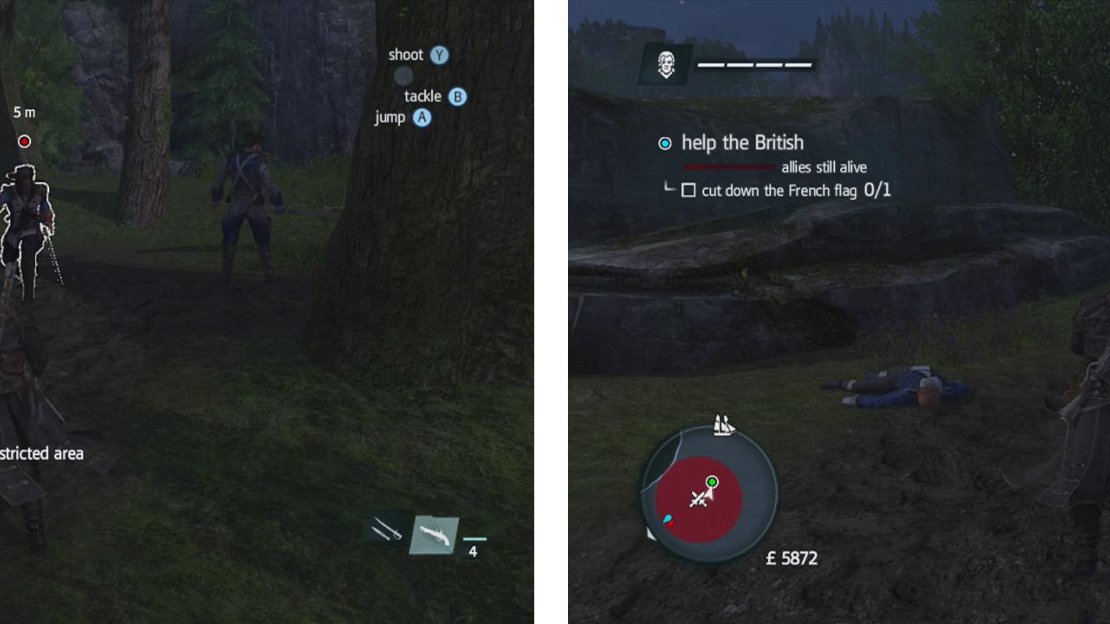 Kill the French captain (left) and then cut down the flag (right) when you are clear of enemies.