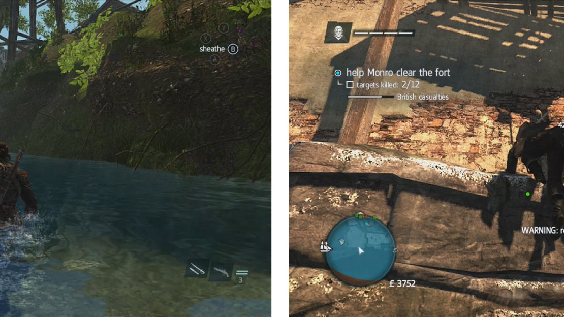 Swim up the river (left) to avoid detection. Climb up to the southern wall of the fort (right) and make your way to the top of the wall to enter.