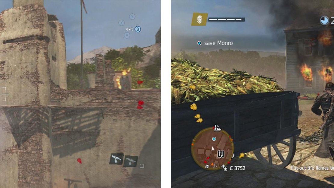 Shoot the target with the Puckle gun (left) for an easy kill. Afterwards, race to the burning building (right) to end the mission.