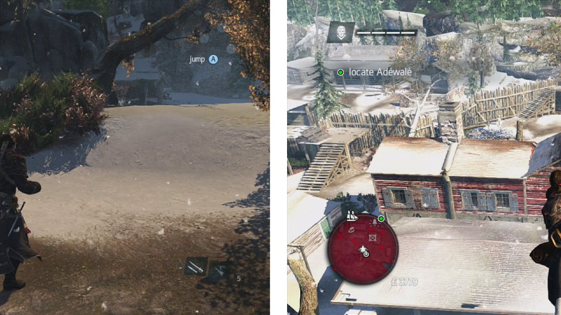 Head up the fallen tree here (left) for a much quieter run into the populated area. We need to make our way to the watchtower in the distance (right).