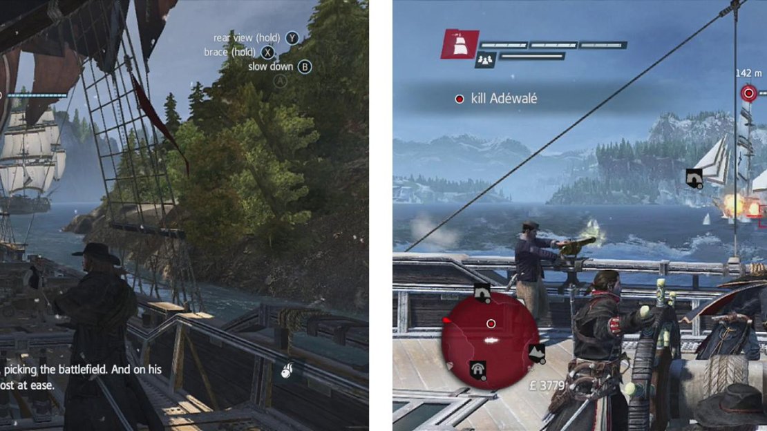 Follow the target ship whilst avoiding mortars (left) and when you have it cornered, take the target down (right).