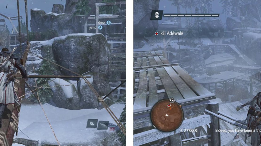 Use the beached ship and the passage through the trees on the left (left) to reach a vantage point (right) from here we can shoot the target.