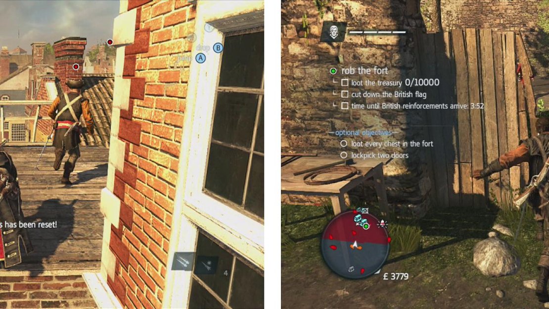 Kill both fleeing targets (left) for a disguise to let us enter the fort (right).