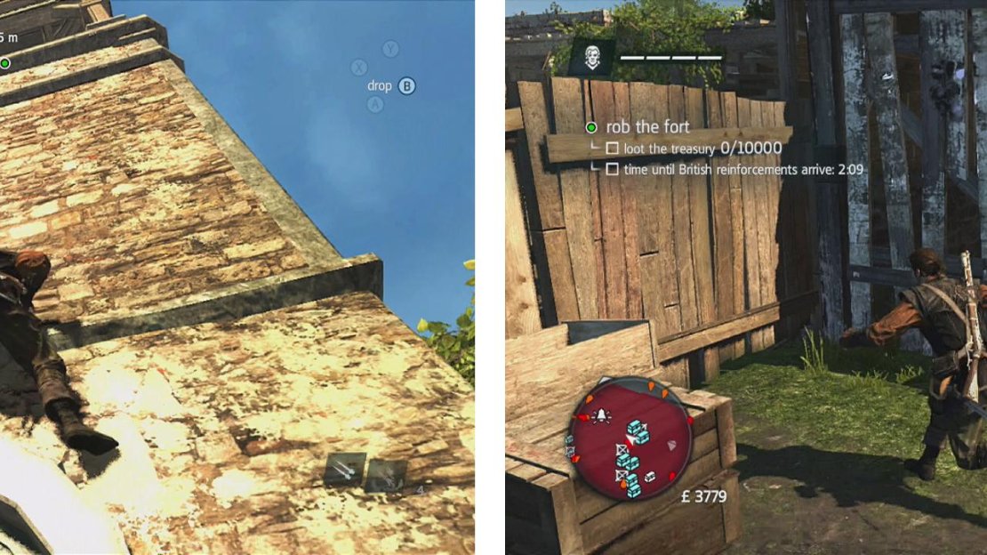 Climb the tower to the flag and cut it down (left). You can lockpick or destroy these doors (right). There are two chests inside each.