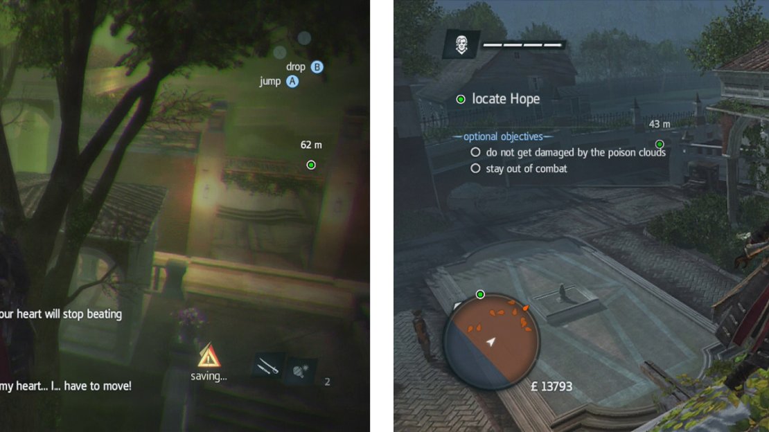 From the balcony, use the trees (left) to reach the roof ahead (right).