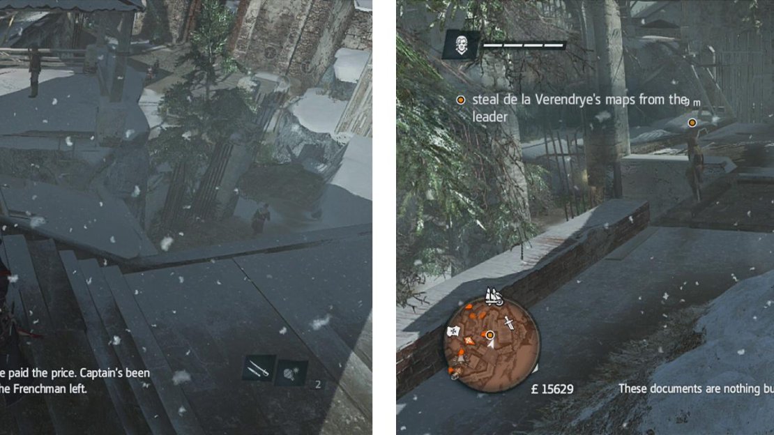 Use the two sniper towers to reach the building at the far side of the fort (left). Wait for the guard to patrol into the fort (right) and pick his pocket.