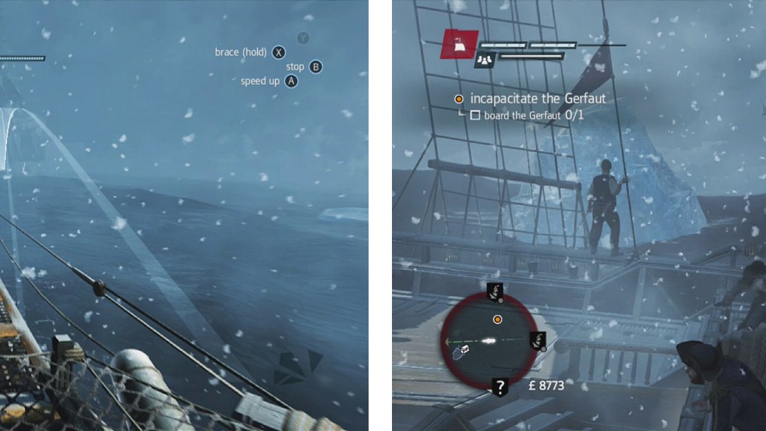 Once you have spotted the ship (left) you’ll have to take it down - be sure to avoid the ice bergs for that optional objective (right).
