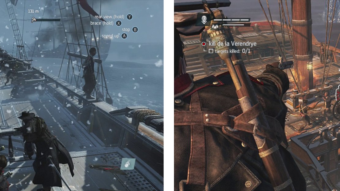 Initiate boarding (left) and then climb to the rigging and shoot the target (right) to earn the second optional objective.