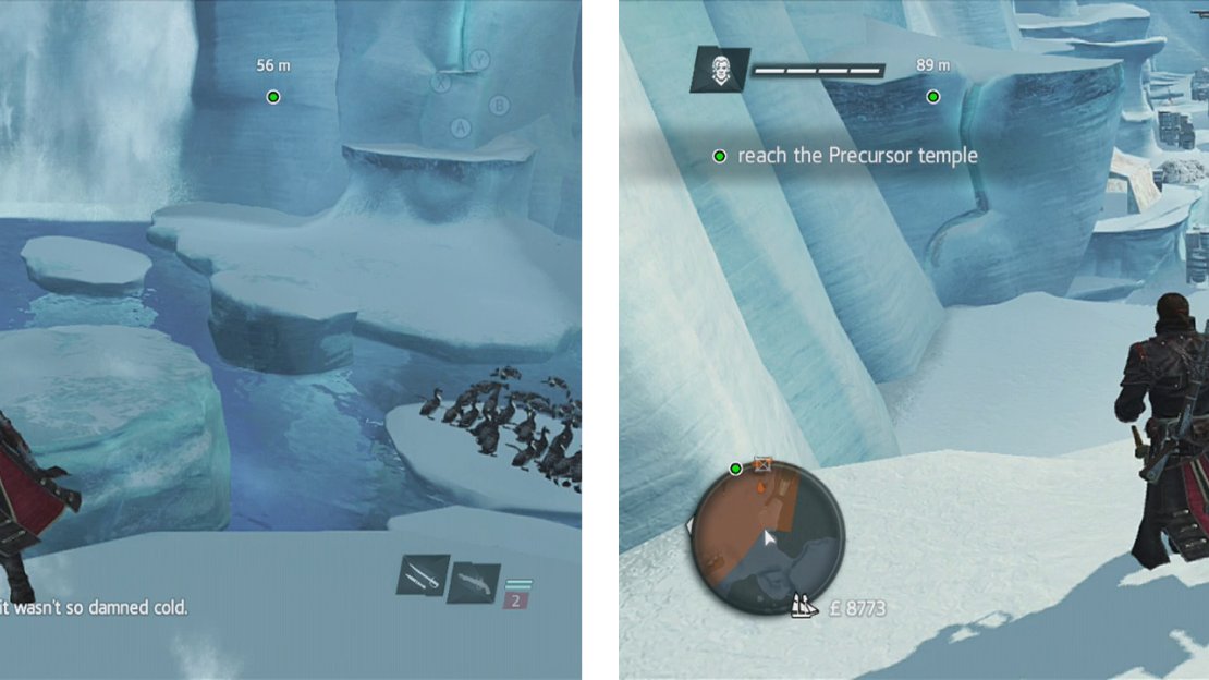 Follow Haytham (left) until you reach an overlook (right) - use the ship’s masts to go through the area quickly and quietly.