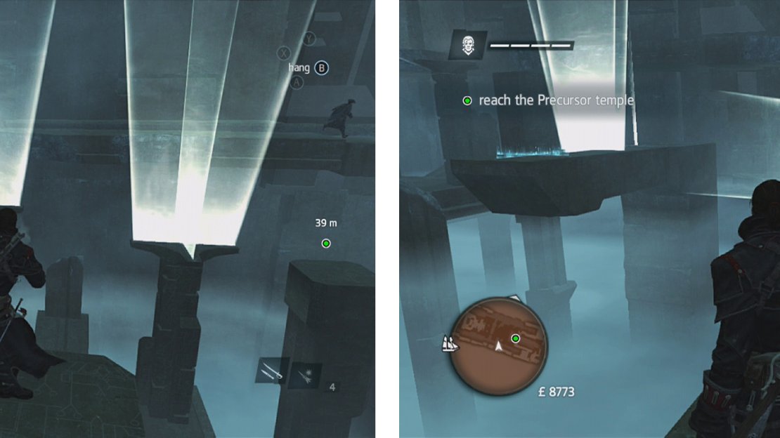 Work your way across the pillars (left) and up and around the hovering pole (right) whilst avoiding the energy walls.