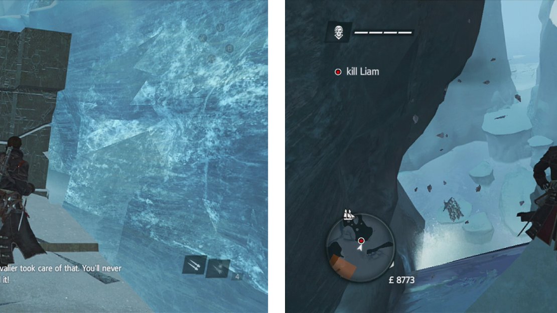 Make sure you stand behind cover when you see the target icon fill up (left) and when you finally corner the target air assassinate him (right).