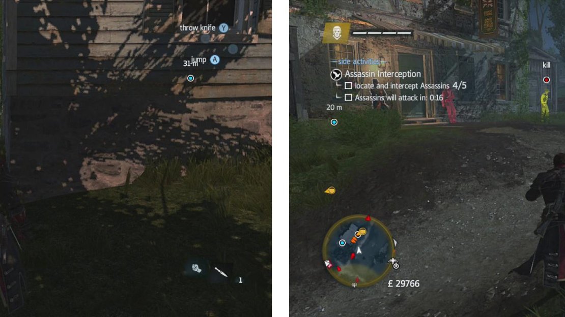 The first assassin is close to the start (left) and the last is around the corner from the target (right).