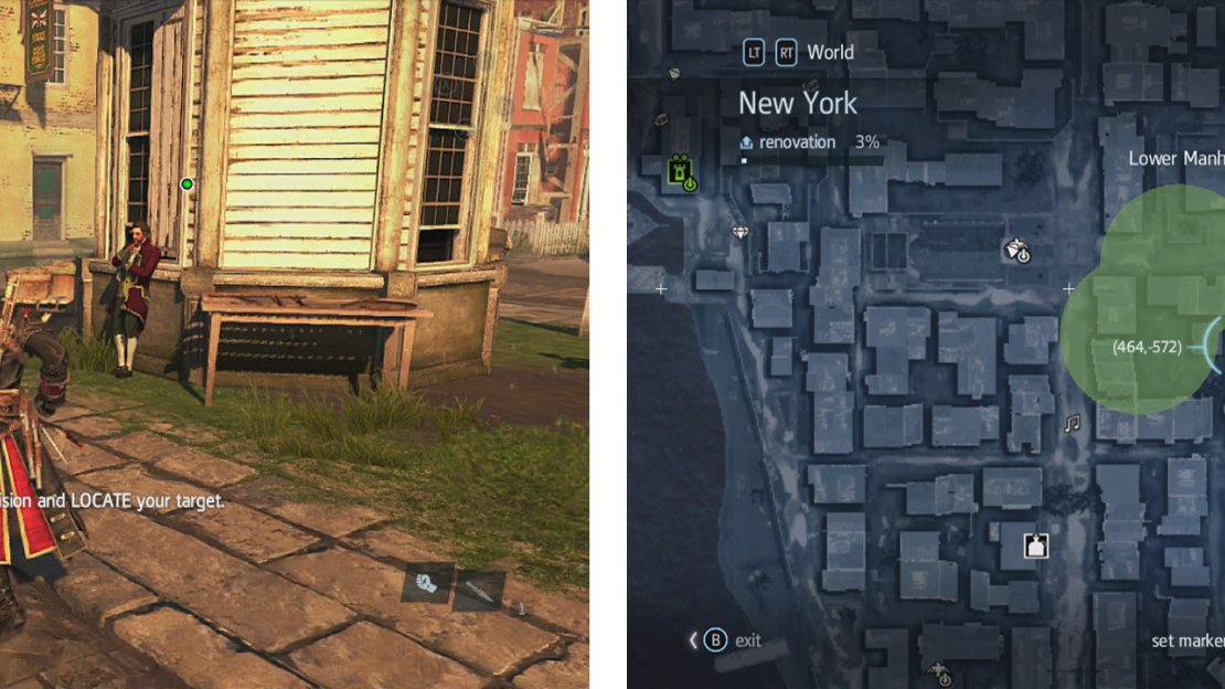 The target can be found in the square by the gazebo (left). Assassins will come from all over (right).