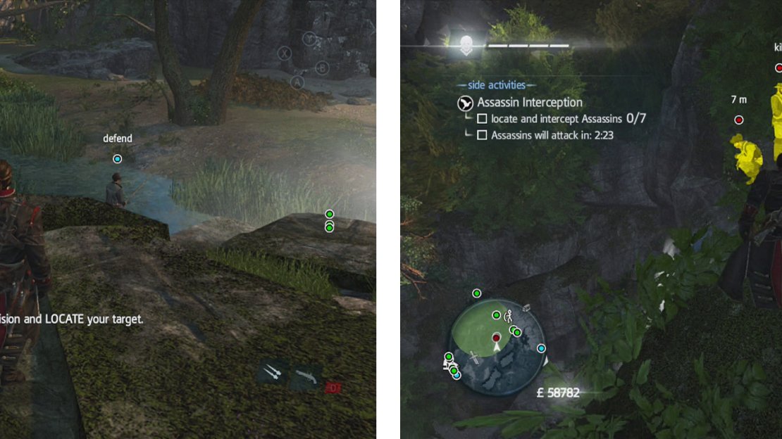 The target is fishing in the river (left). You can find a few assassins around the waterfall to the north (right).