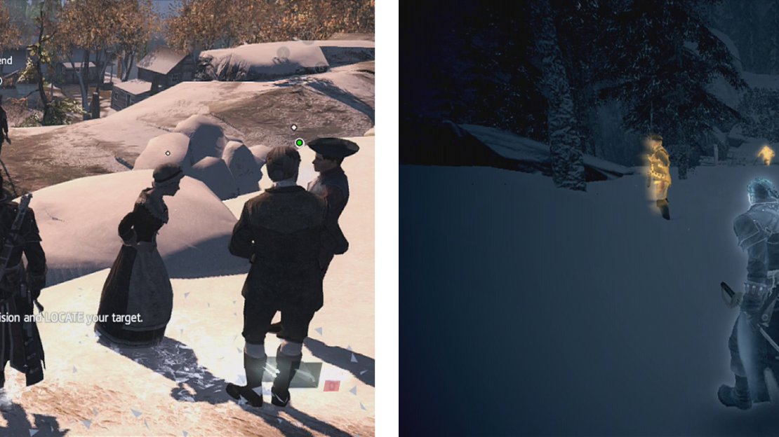 The target is located next to the viewpoint (left). Several assassins are patrolling as guards in the snow to the north (right).
