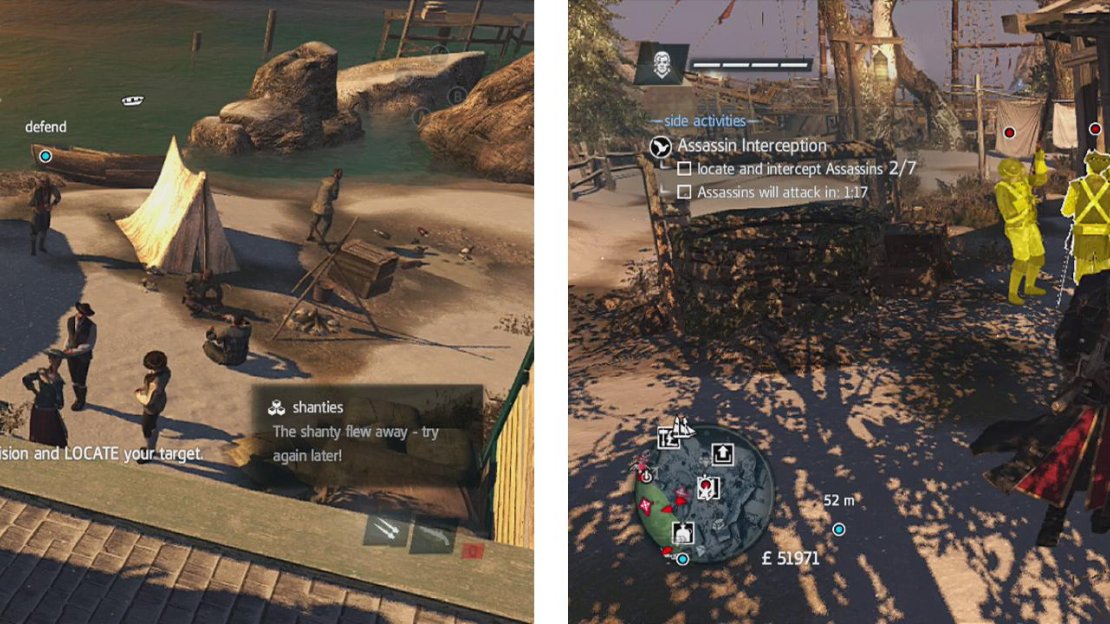 The target is located by a tent near the tavern (left). Three assassins can be found outside the general store (right).