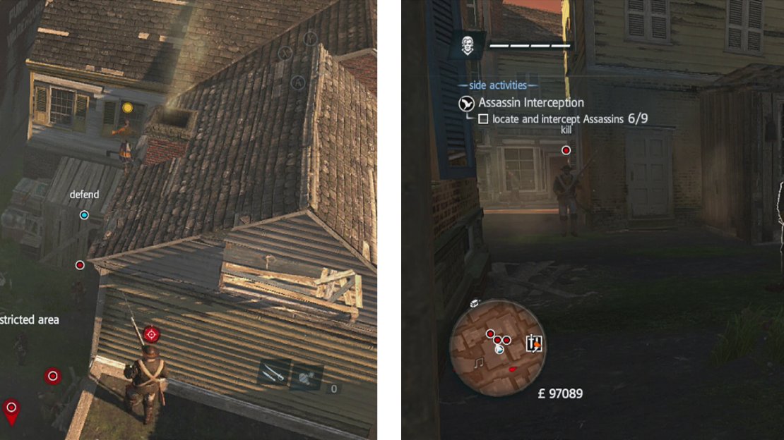 Once you reach the search area you’ll be attacked (left). Once you kill all the ground based enemies, hide inside (right) to draw the snipers down.