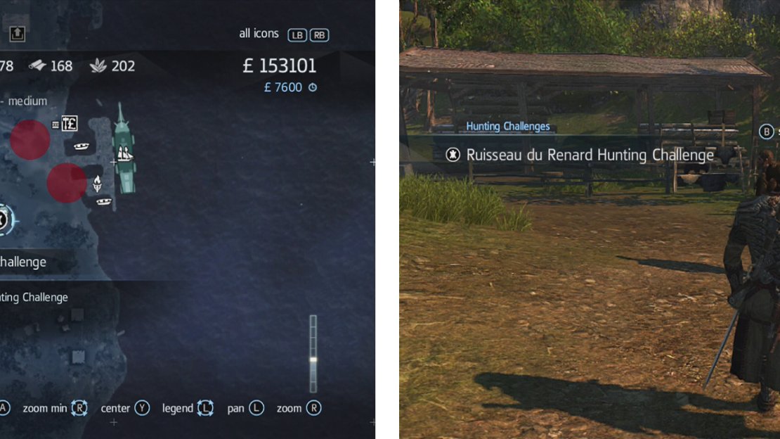 Hunting Challenges are marked by a animal hide icon on the map (left). Approach and talk to the huntern (right) to begin a challenge.