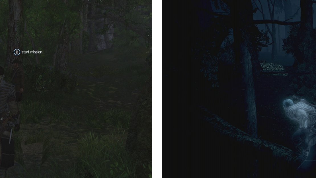 Approach the hunter to start the challenge (left). Use air assassinations or tranquilisers to take the deer (right) down and skin them.