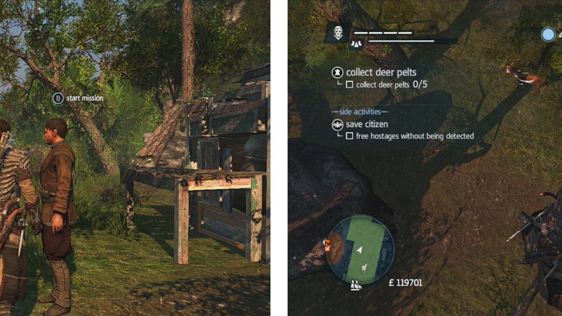 Approach the hunter to start the challenge (left). Use air assassinations or tranquilisers to take the deer (right) down and skin them.