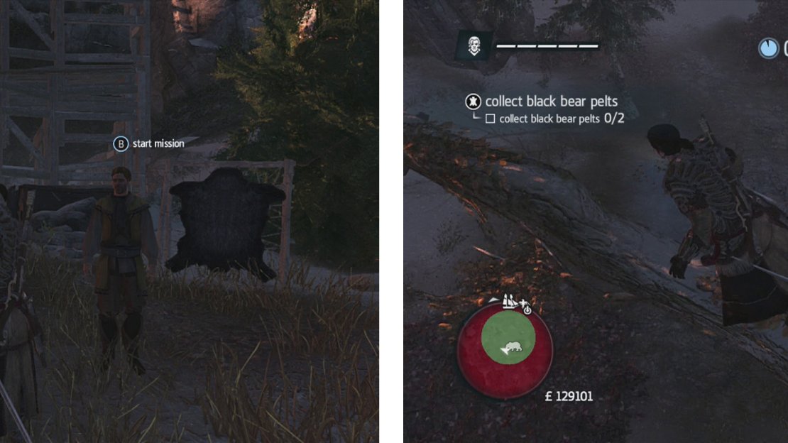 Approach the hunter to start the challenge (left). Use air assassinations or approach bears to initiate the button mash sequence to take them down and skin them (right).