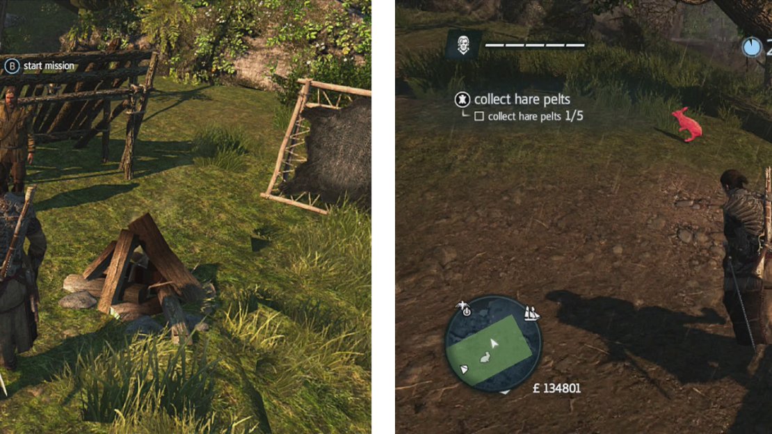 Approach the hunter to start the challenge (left). Chase after and use your hidden blades to kill the hares (right).