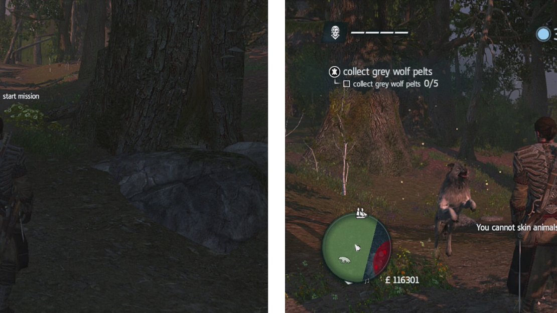 Approach the hunter to start the challenge (left). Approach wolves to have them attack you, press the buttons in sequence to kill them (right).