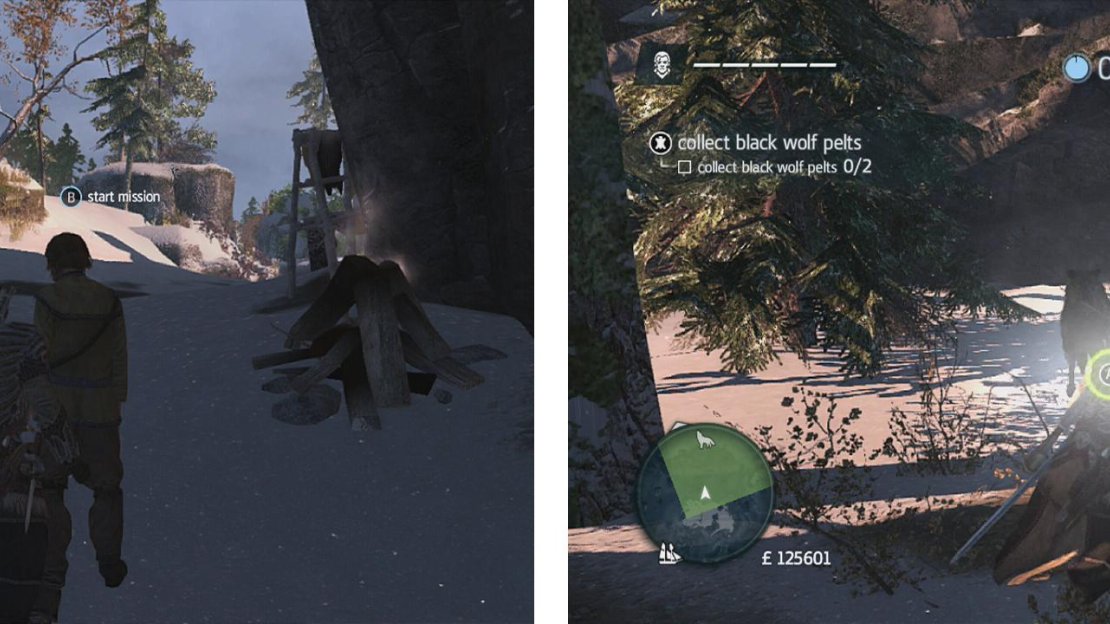 Approach the hunter to start the challenge (left). Approach wolves to have them attack you, press the buttons in sequence to kill them (right).