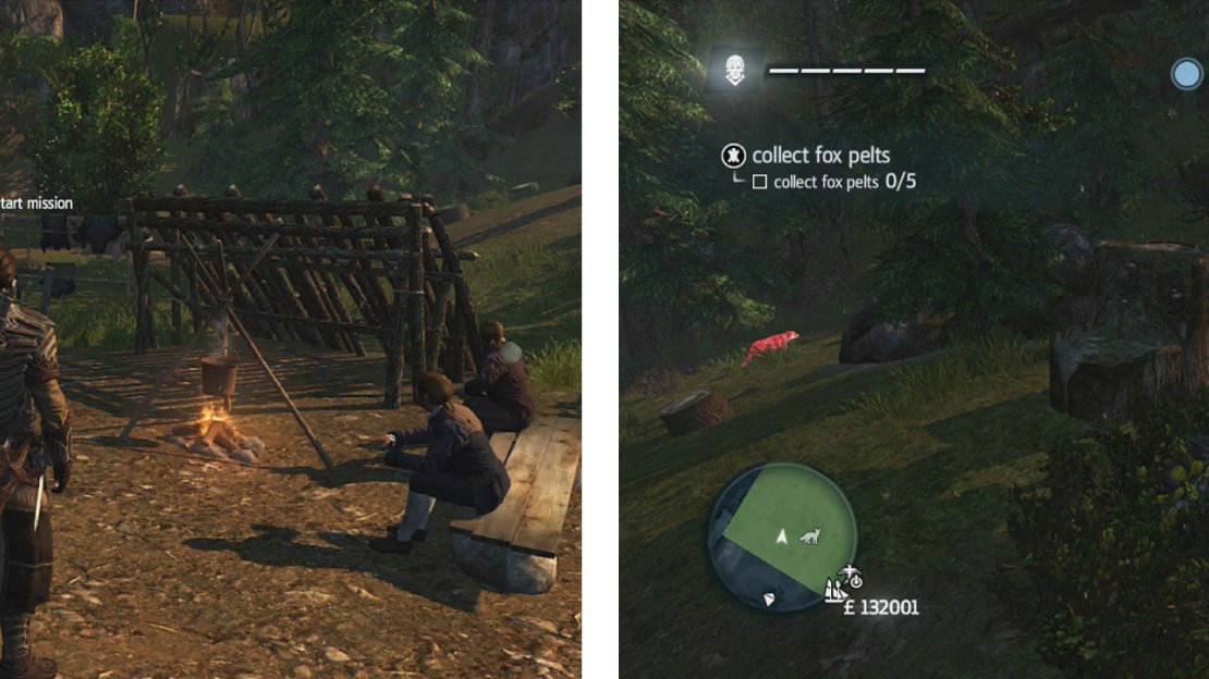 Approach the hunter to start the challenge (left). Use air assassinations or tranquilisers to take the fox (right) down and skin them.