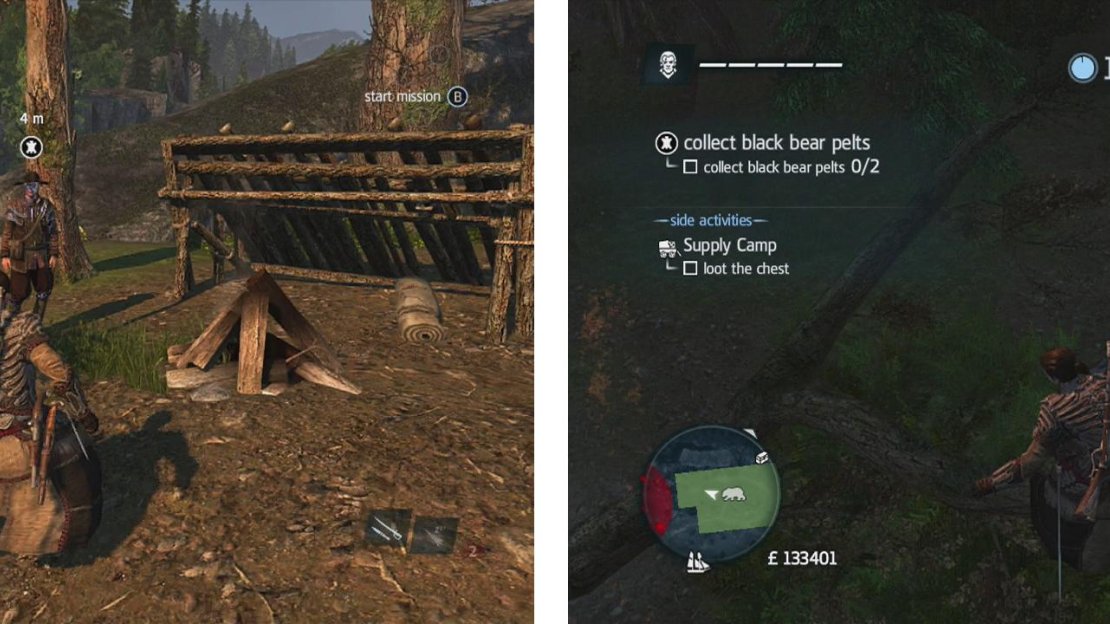 Approach the hunter to start the challenge (left). Use air assassinations or approach bears to initiate the button mash sequence to take them down and skin them (right).