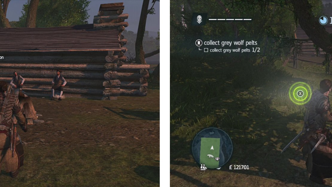 Approach the hunter to start the challenge (left). Approach wolves to have them attack you, press the buttons in sequence to kill them (right).
