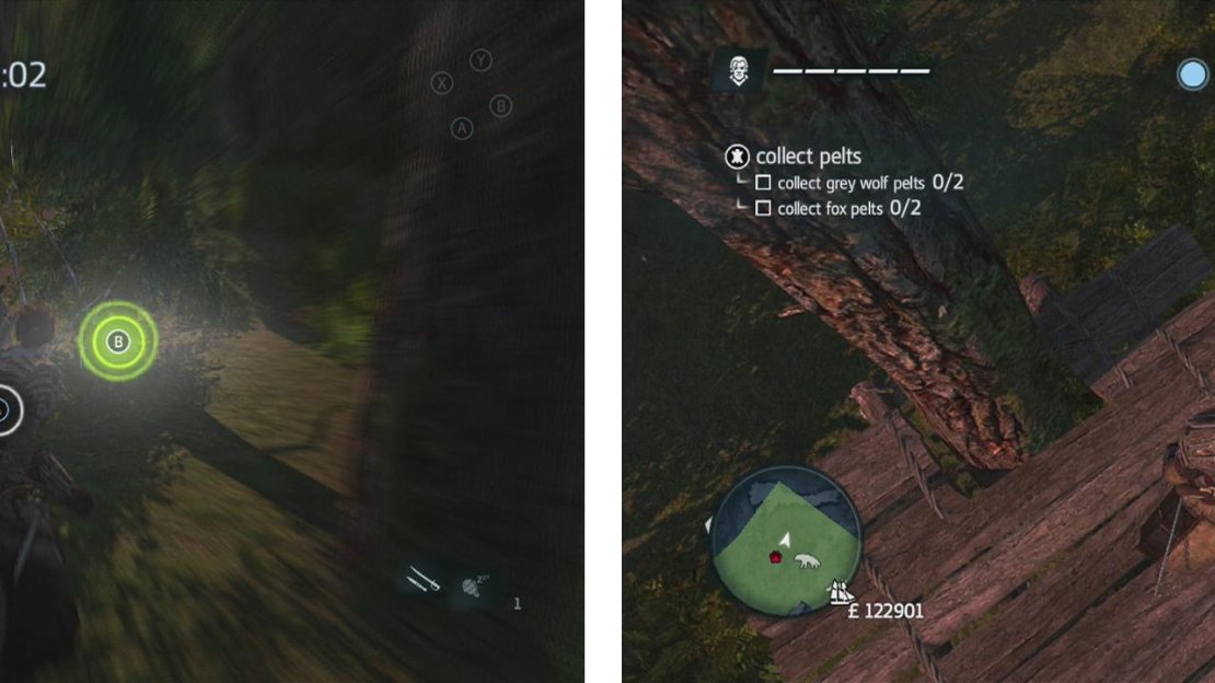 Use air assassinations or tranquilisers to take the foxes down (left). Approach the wolves to have them attack you, hit the button prompts to take them down (right).