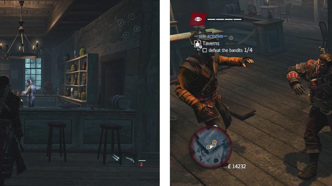 Approach and speak to the glowing barman (left) before fighting off thugs (right) to complete the tavern objectives.