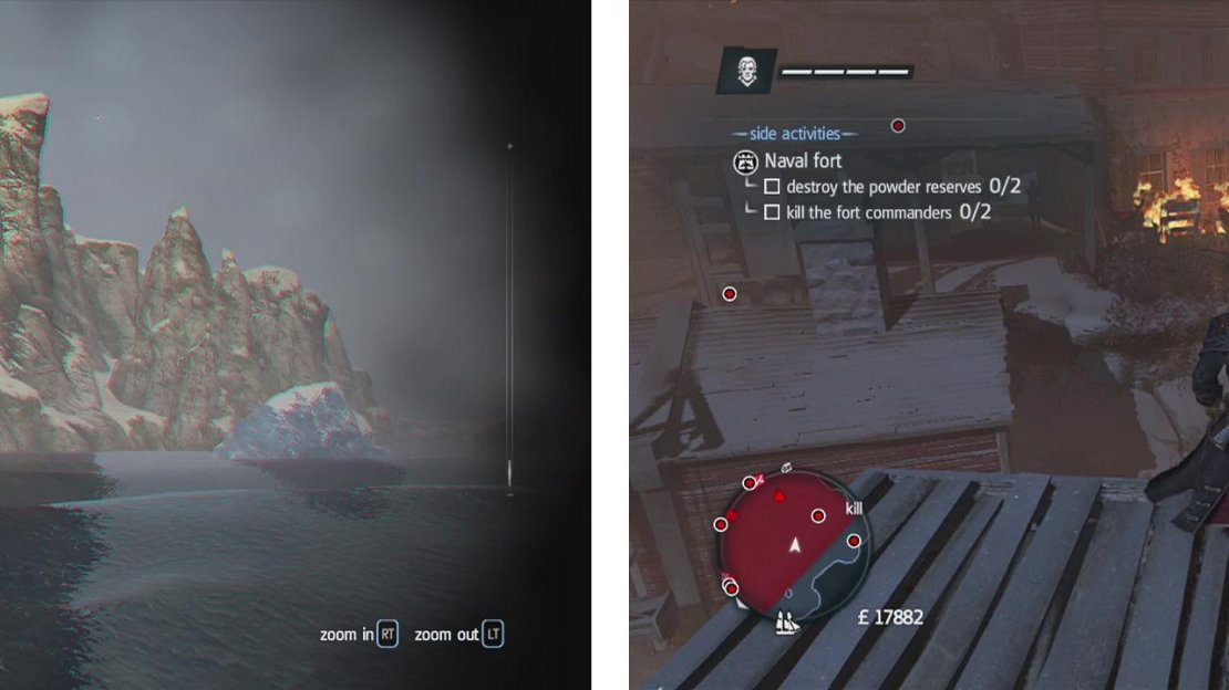 Forts are found along the game’s coastlines (left). Destroying their defences allows you to enter on foot and complete objectives to take it over (right).