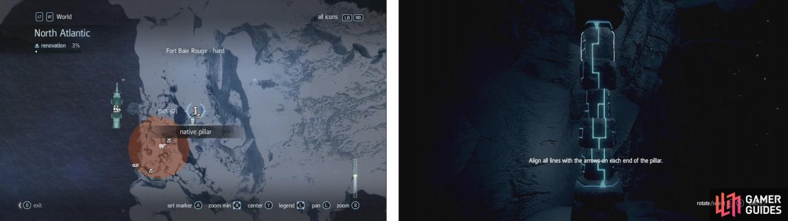 Pillars appear as a totem icon on the map (left). Interact with them and rotate the segments so that there is a direct line between the arrows at the top and bottom to solve them (right).