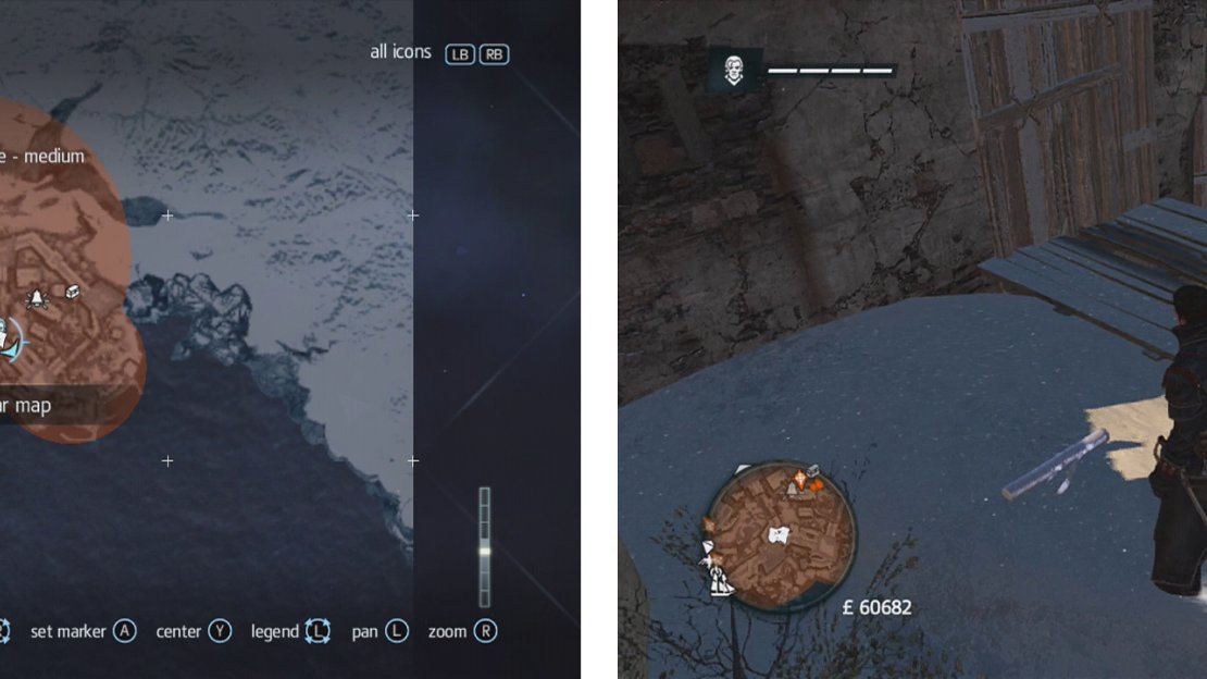 The map icon on the mini-map indicate a templar chart (left). They appear in-game as a rolled up map (right).