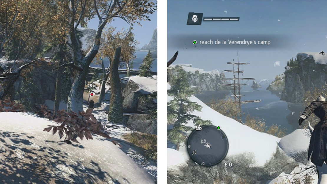 Chase down and assassinate the target (left) and make your way tot he camp (right).