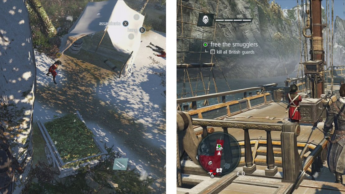 Clear out the guards in the camp (left) and then work your way across the ship’s deck, killing all the guards (right).