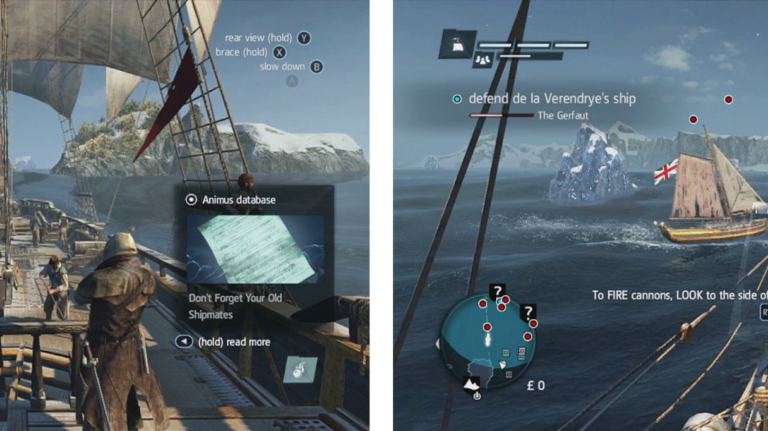 Pilot the ship out to the open sea (left) and then use your weapons to take down the enemy ships (right).