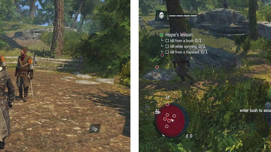 Speak with Hope (left) to begin assassination training. Assassinate the dummies whilst avoiding guards (right).