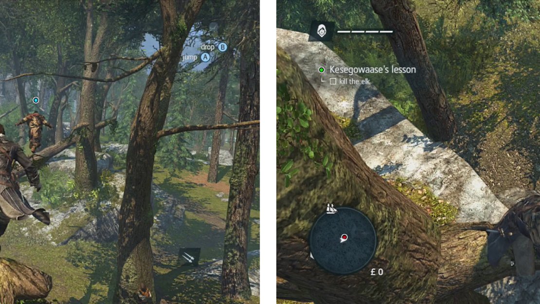 Follow Kesegowaase (left) until you reach the hunting area. Air assassinate the elk (right).