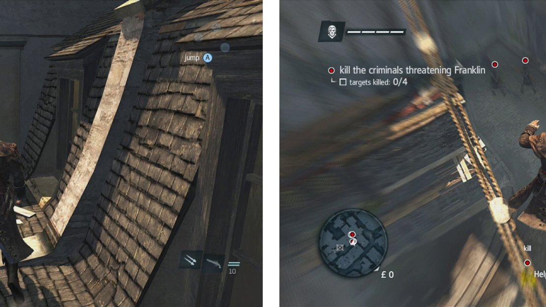 Use eagle vision from the rooftops to find the target (left). Drop down and kill the four criminals (right).