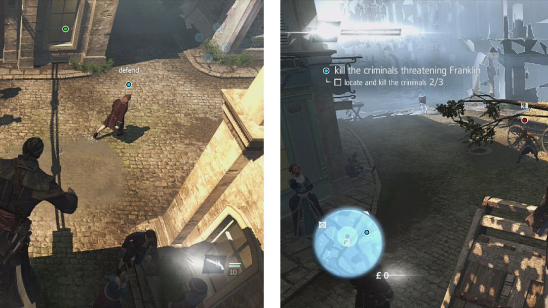 As you escort the target, there are opportunities for air assassinations on the first (left) and third (right) assailants.