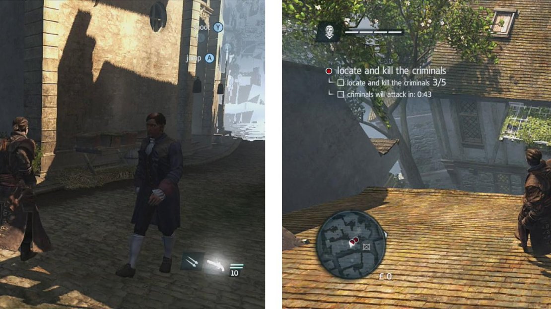 The third target is in an alley (left). The fourth and fifth baddies can be found on the rooftop opposite the square from our friend’s house (right).